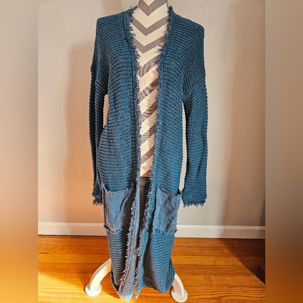 Free People Chic Blue Knit Sweater with Pockets
